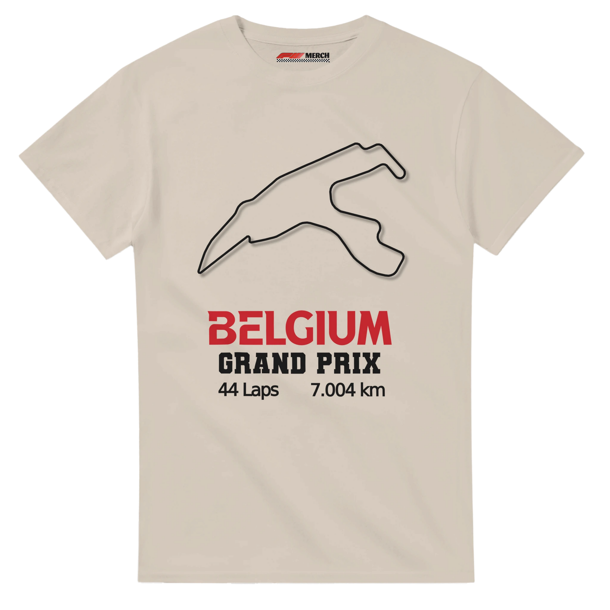 f111 merch sand color t-shirt1 with belgium-grand-prix branding.