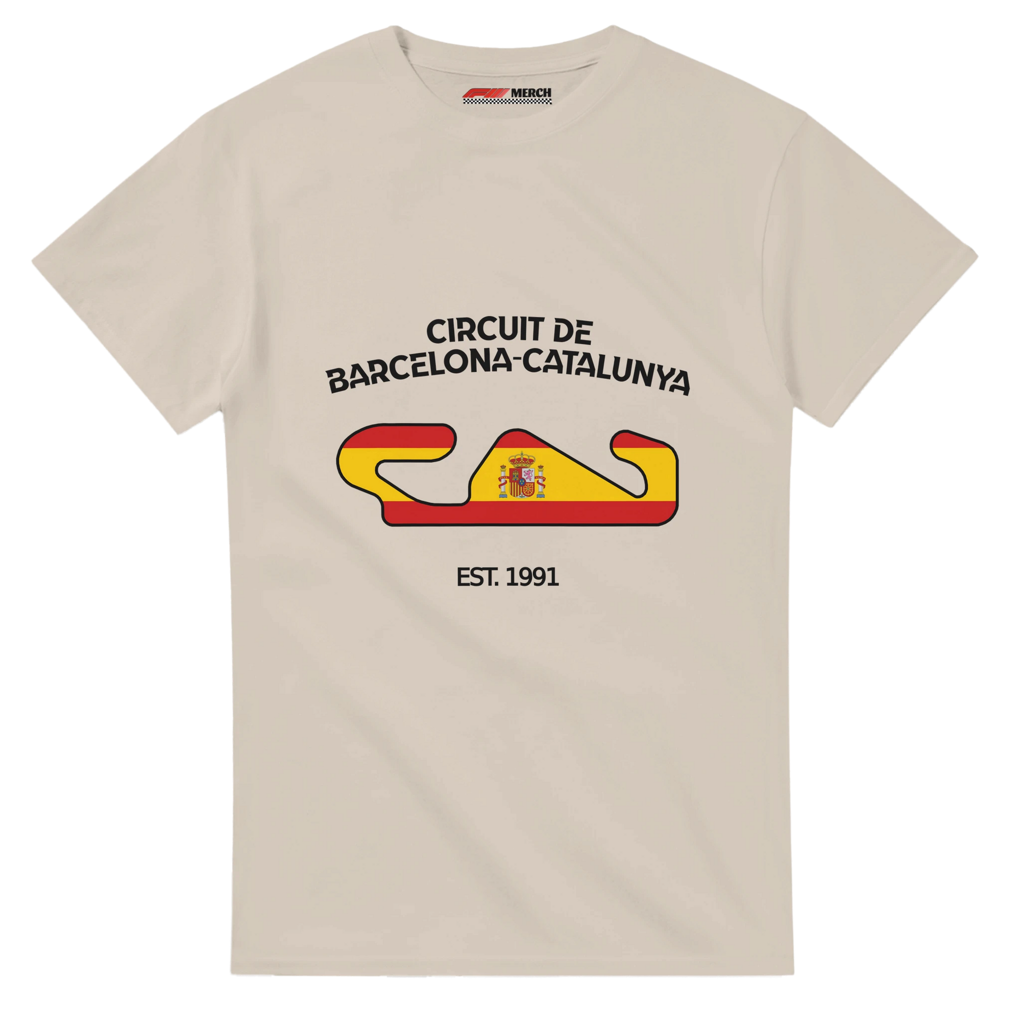f111 merch sand color t-shirt1 with circuit-de-barcelona-catalunya branding.