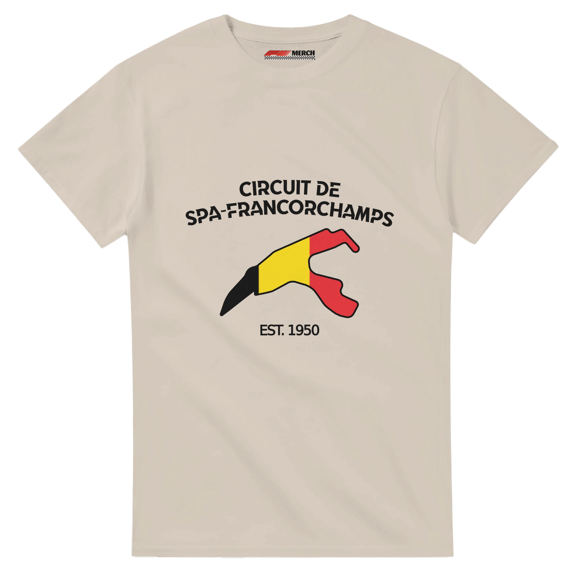 f111 merch sand color t-shirt1 with circuit-de-spa-francorchamps branding.