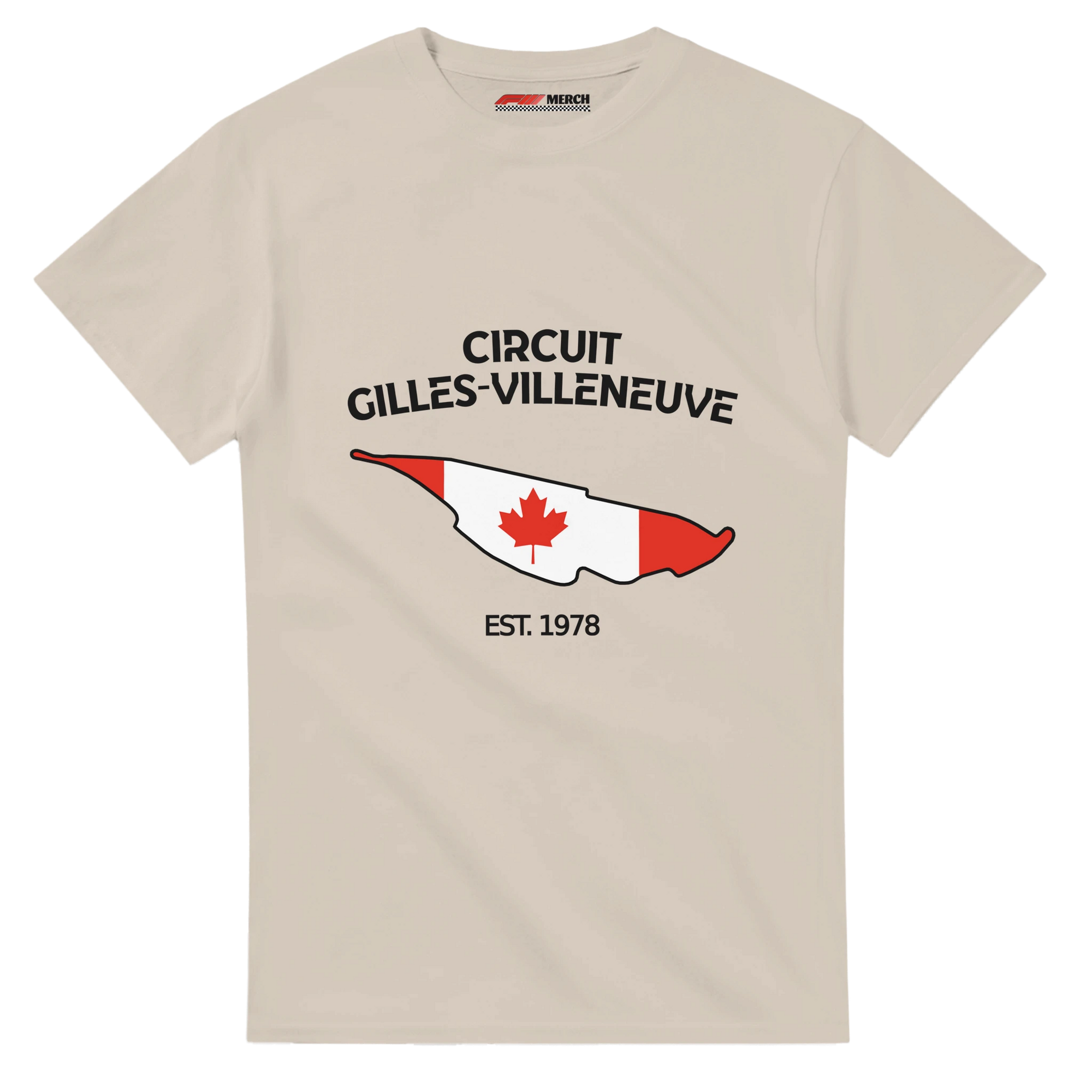 f111 merch sand color t-shirt1 with circuit-gilles-villeneuve branding.