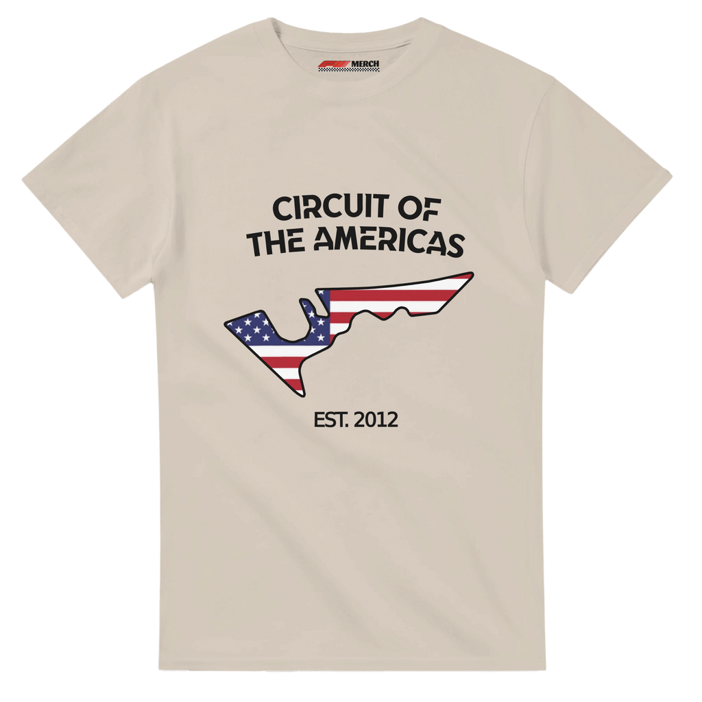 f111 merch sand color t-shirt1 with circuit-of-the-americas branding.