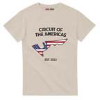 f111 merch sand color t-shirt1 with circuit-of-the-americas branding.