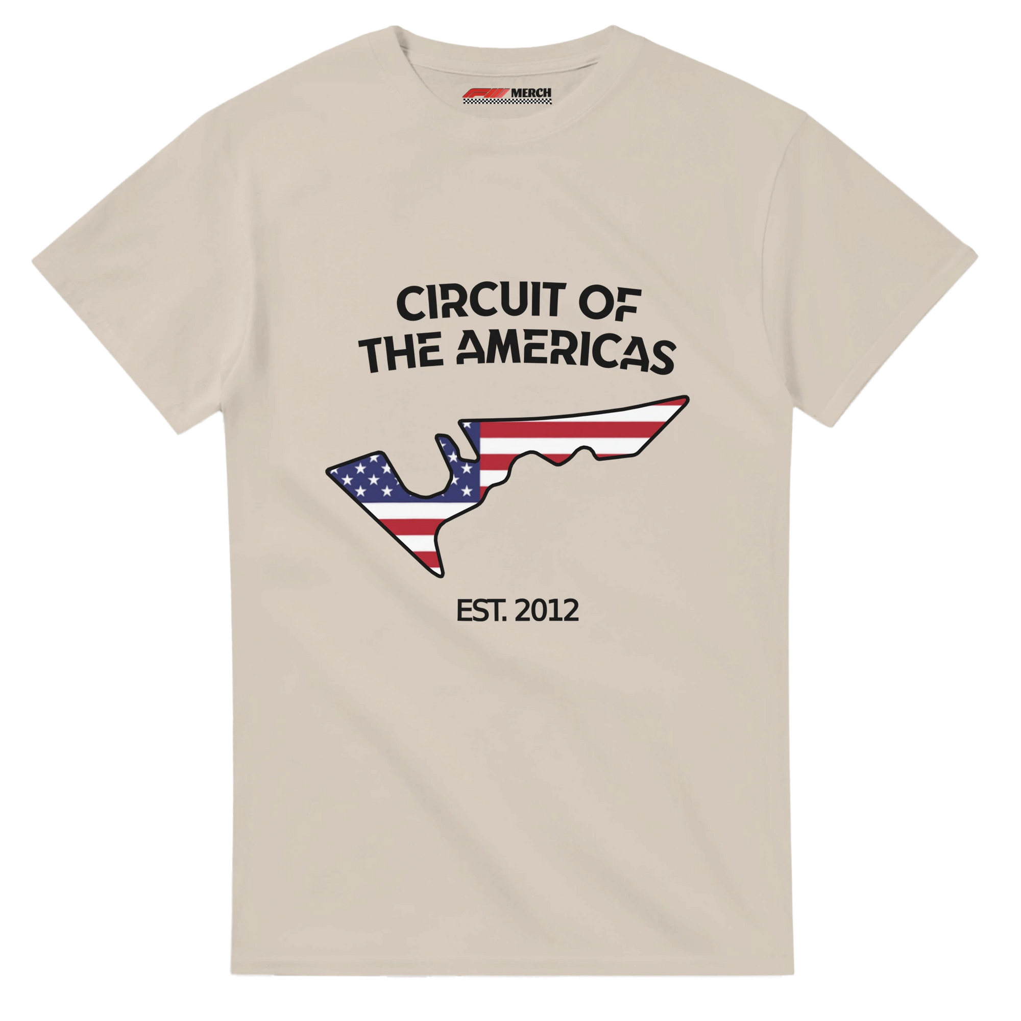 f111 merch sand color t-shirt1 with circuit-of-the-americas branding.