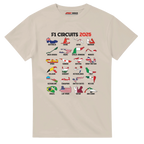 f111 merch sand color t-shirt1 with f1-circuits-2025-v2 branding.