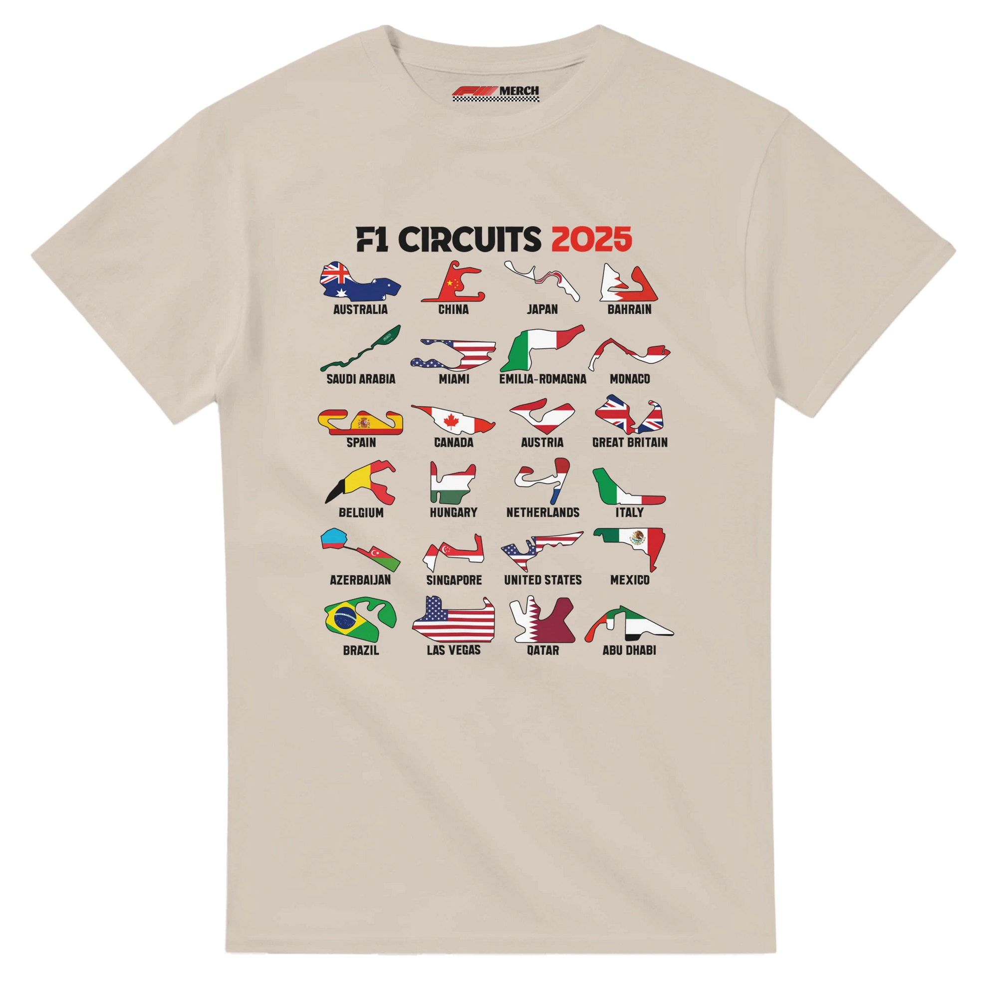 f111 merch sand color t-shirt1 with f1-circuits-2025-v2 branding.