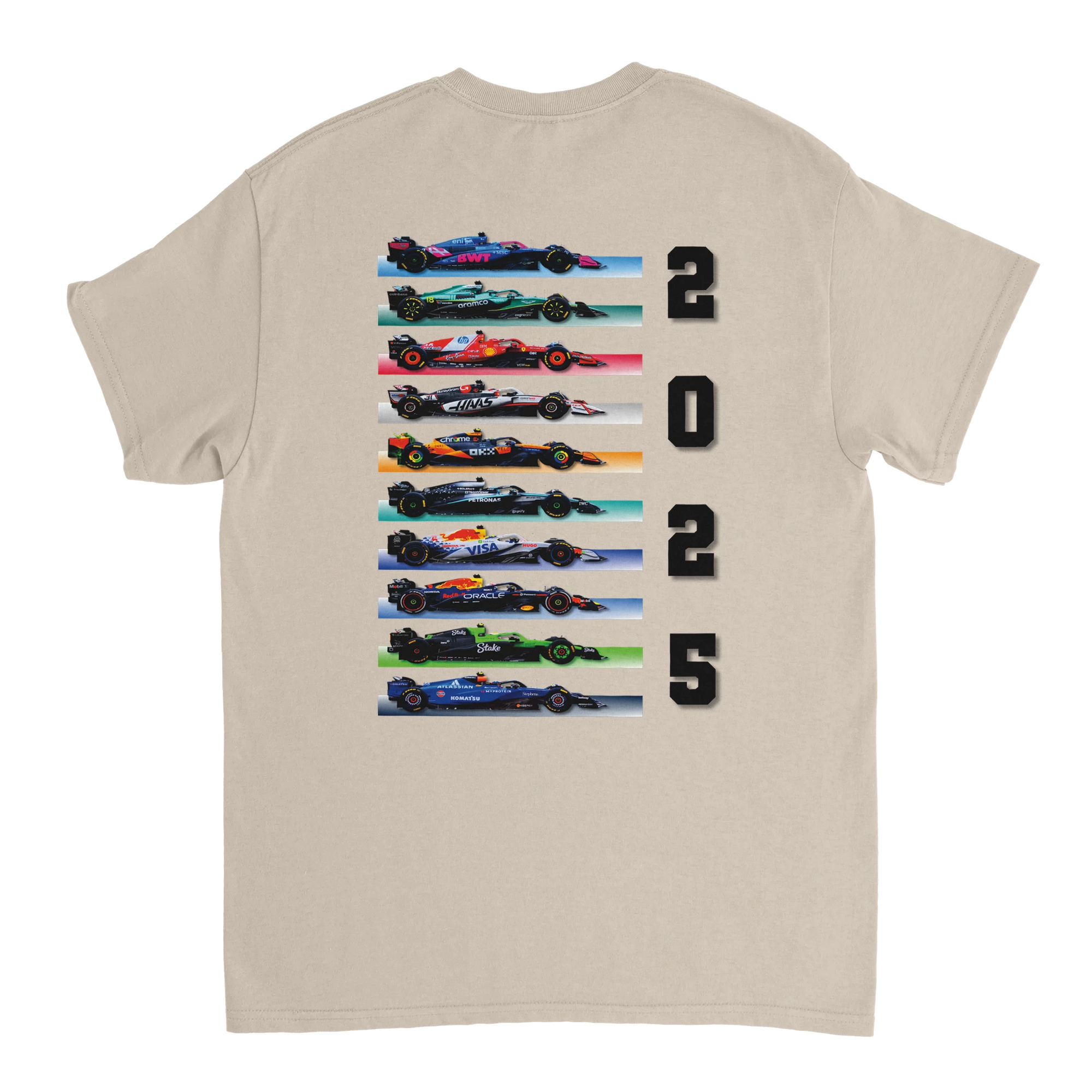 f111 merch sand color t-shirt1 with f1-teams-2025 branding.