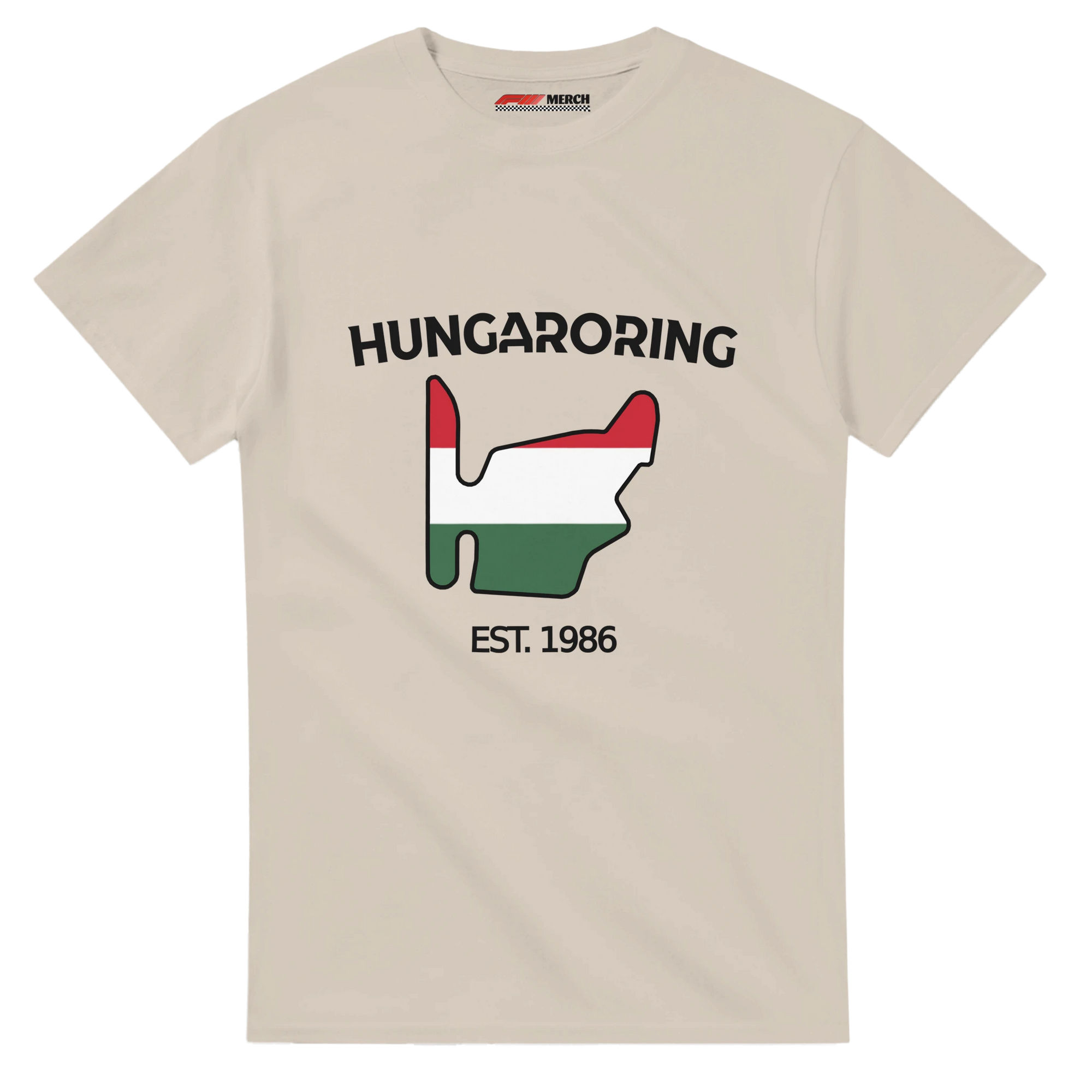f111 merch sand color t-shirt1 with hungaroring branding.