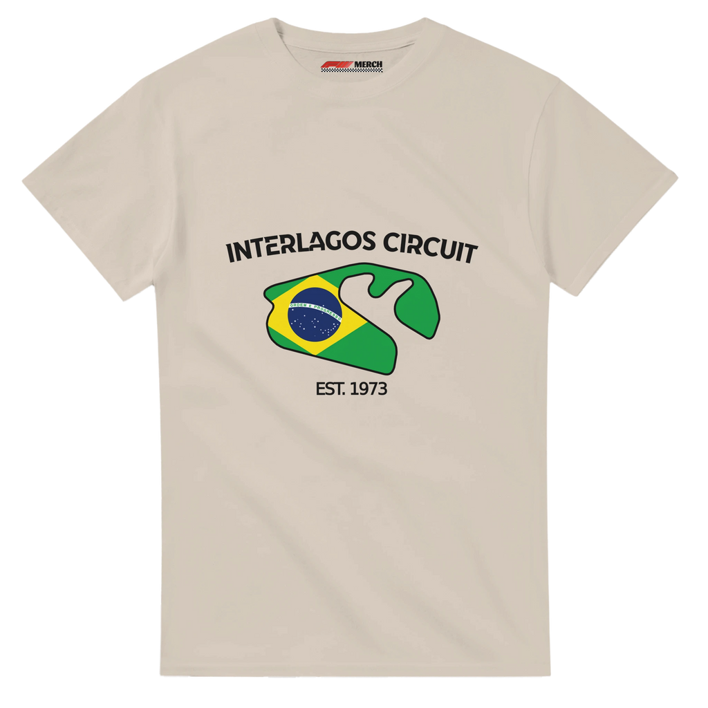 f111 merch sand color t-shirt1 with interlagos-circuit branding.