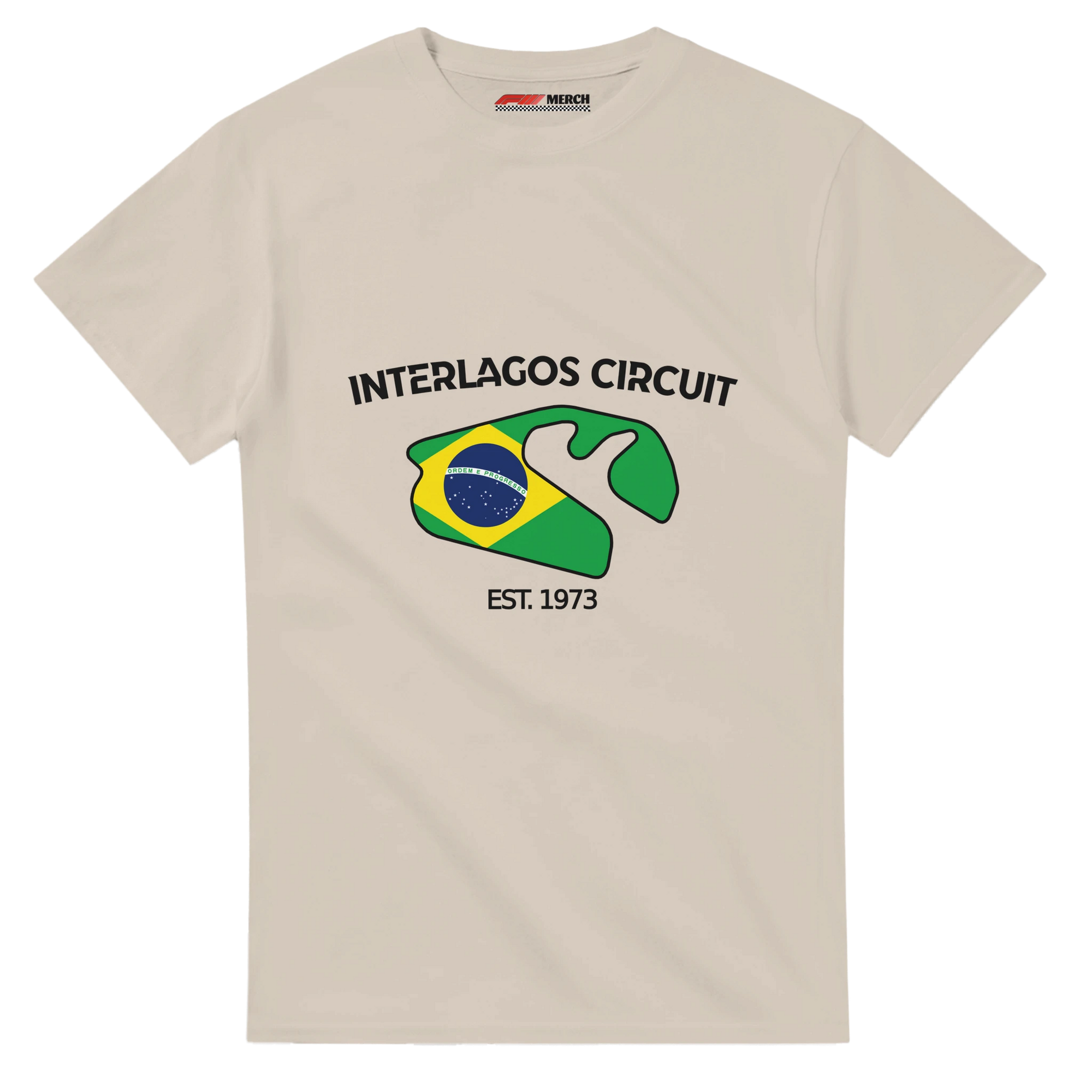 f111 merch sand color t-shirt1 with interlagos-circuit branding.