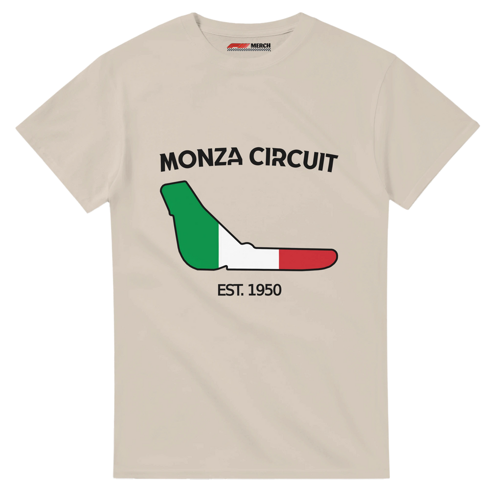 f111 merch sand color t-shirt1 with monza-circuit branding.