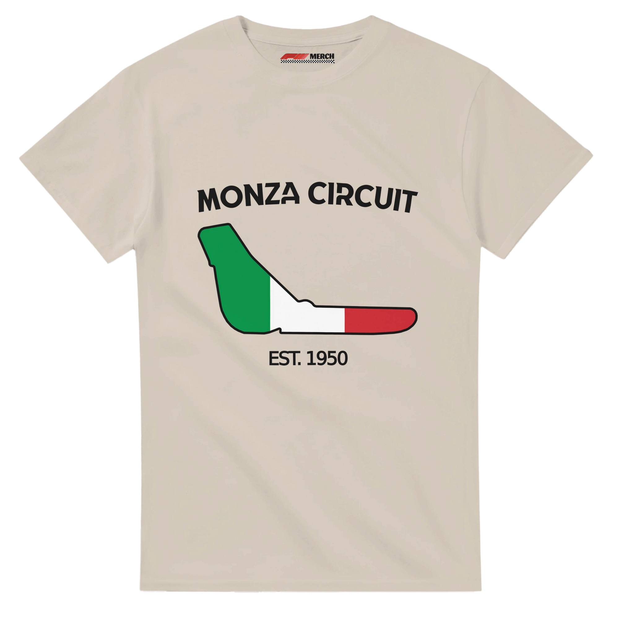 f111 merch sand color t-shirt1 with monza-circuit branding.
