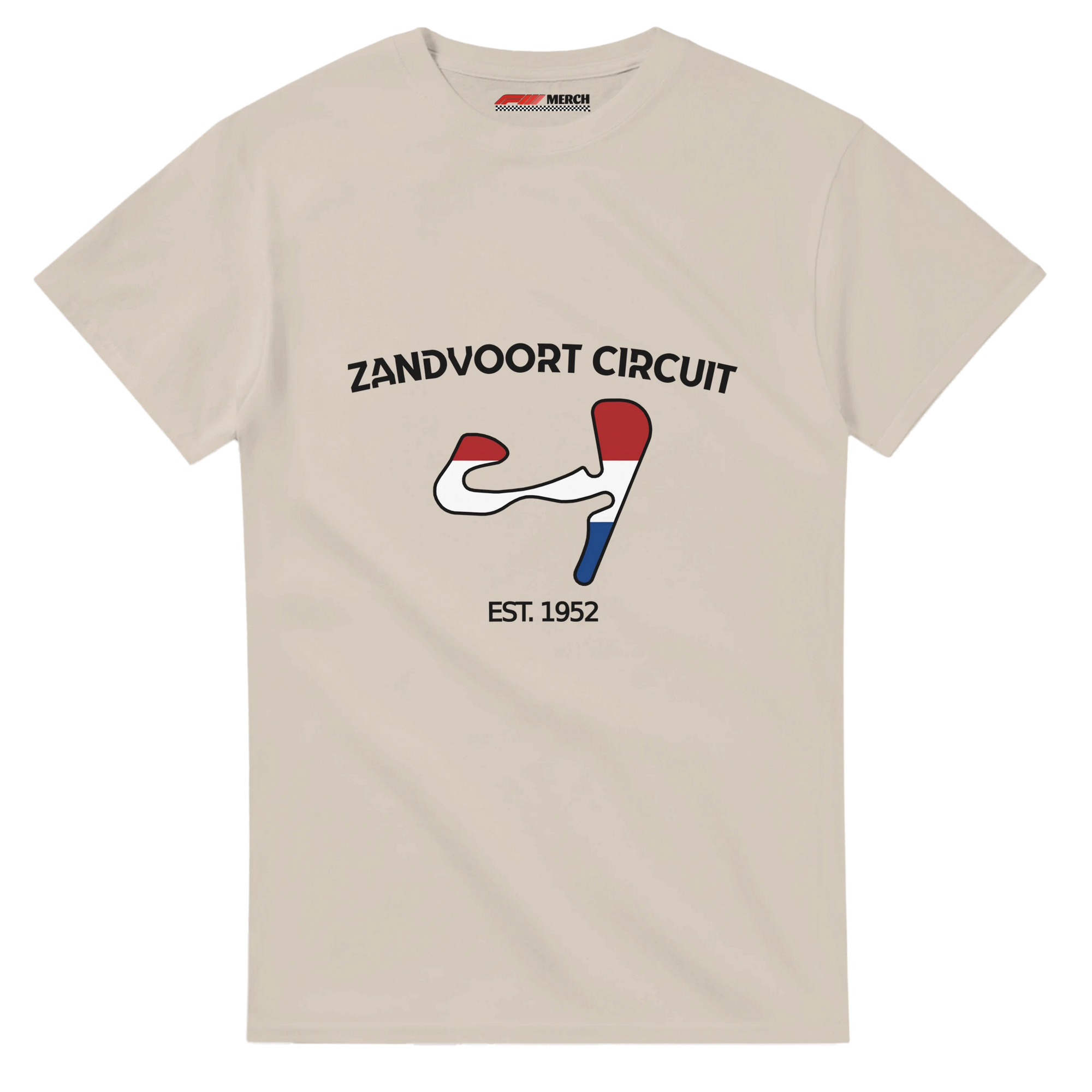 f111 merch sand color t-shirt1 with zandvoort-circuit branding.
