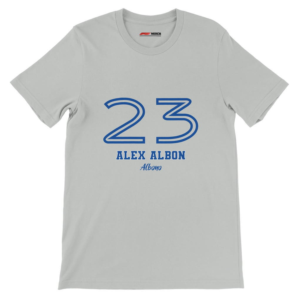 f111 merch silver color t-shirt1 with alex-albon branding.