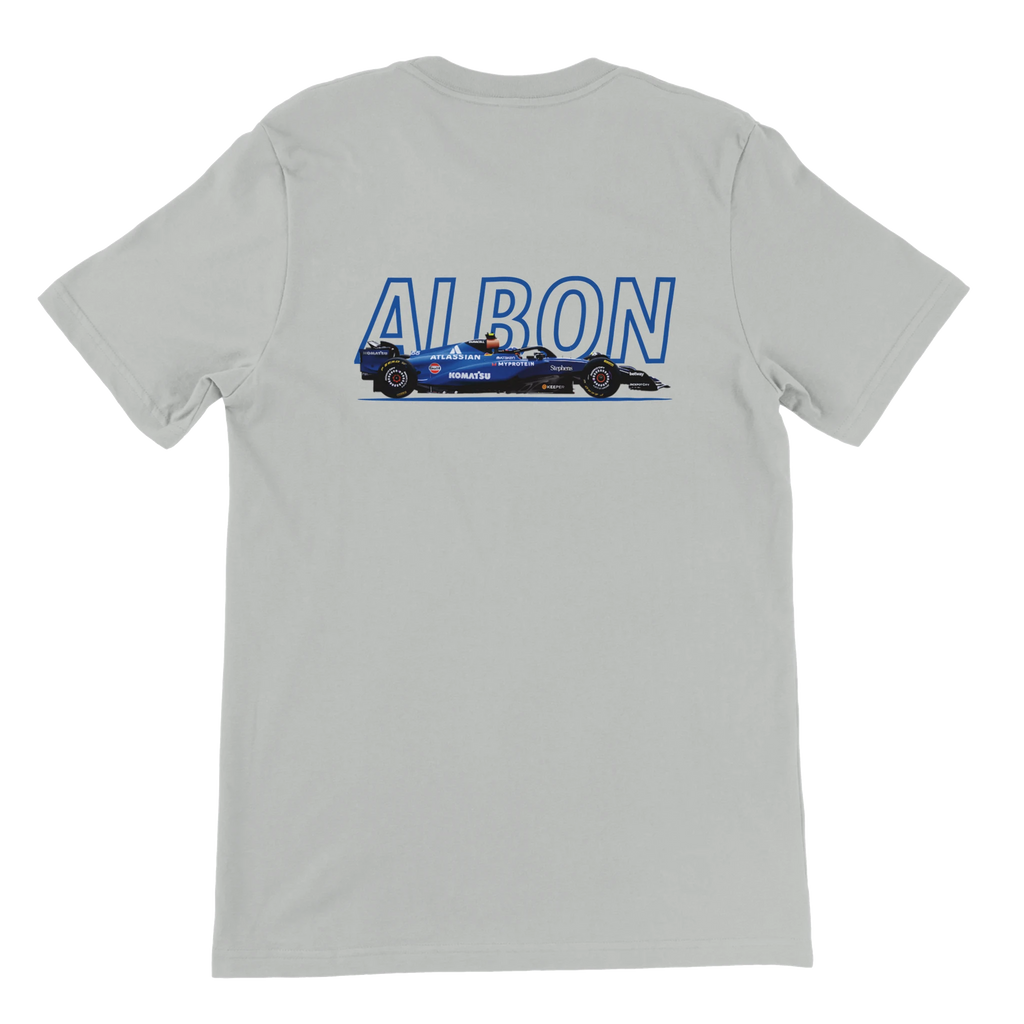 f111 merch silver color t-shirt1 with alex-albon branding.