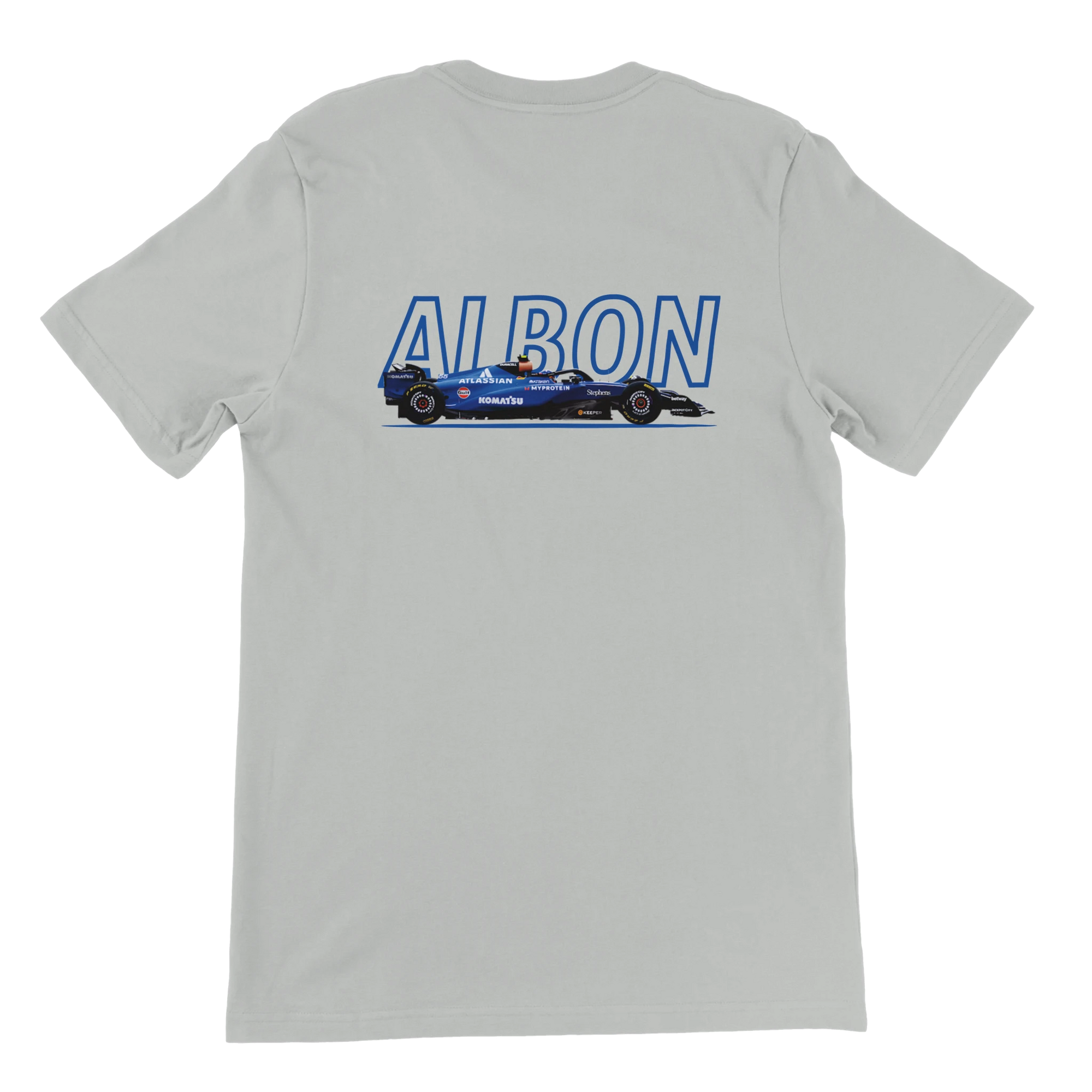 f111 merch silver color t-shirt1 with alex-albon branding.