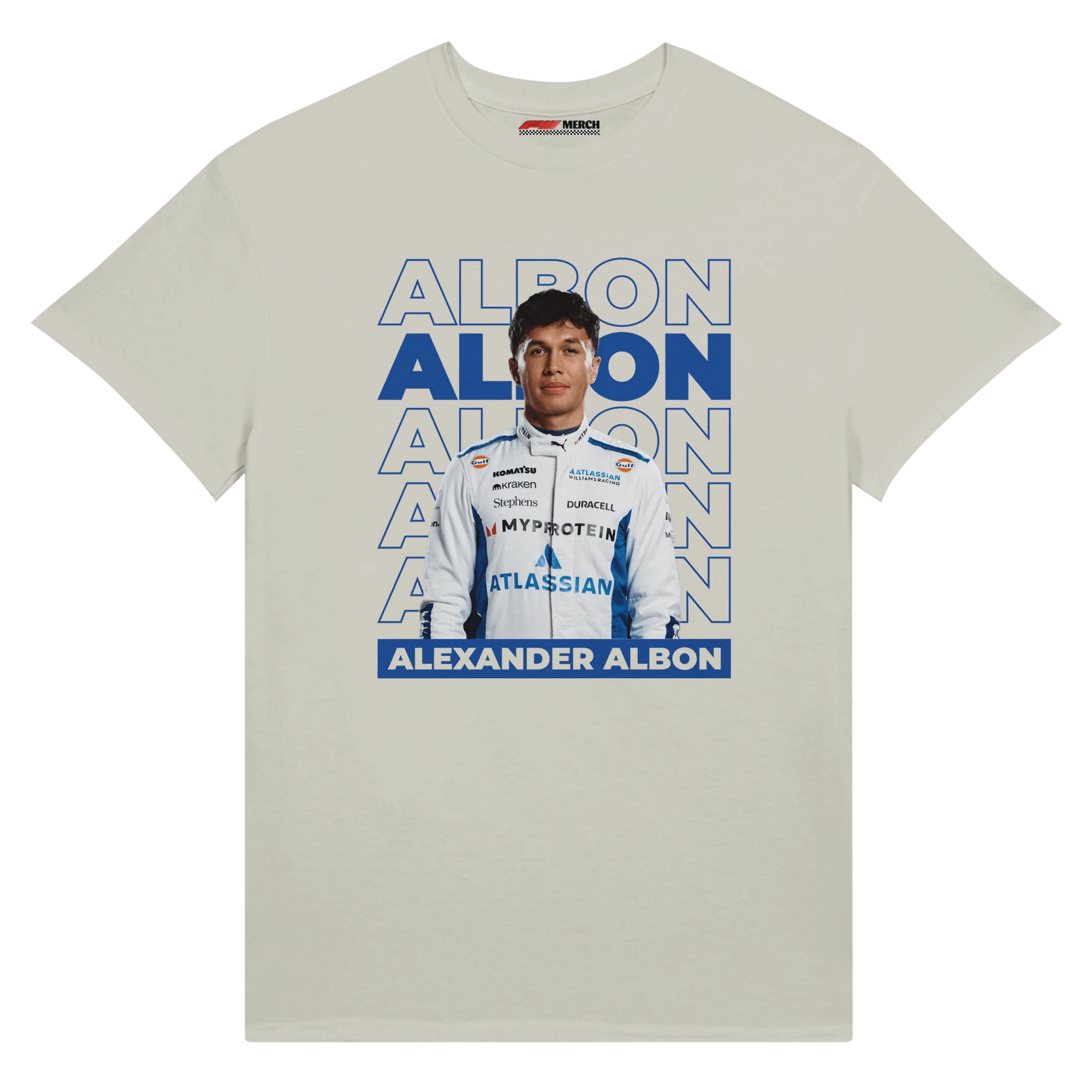 f111 merch silver color t-shirt1 with alex-albon branding.