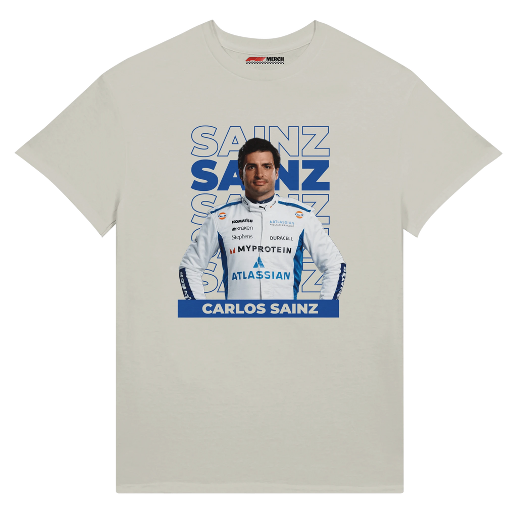 f111 merch silver color t-shirt1 with carlos-sainz branding.