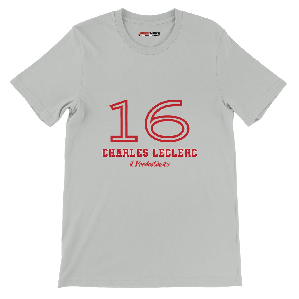 f111 merch silver color t-shirt1 with charles-leclerc branding.