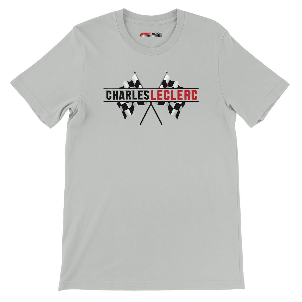 f111 merch silver color t-shirt1 with charles-leclerc branding.