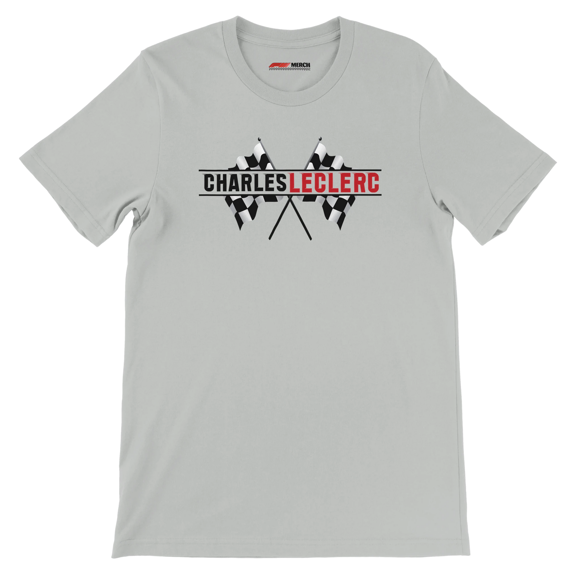 f111 merch silver color t-shirt1 with charles-leclerc branding.