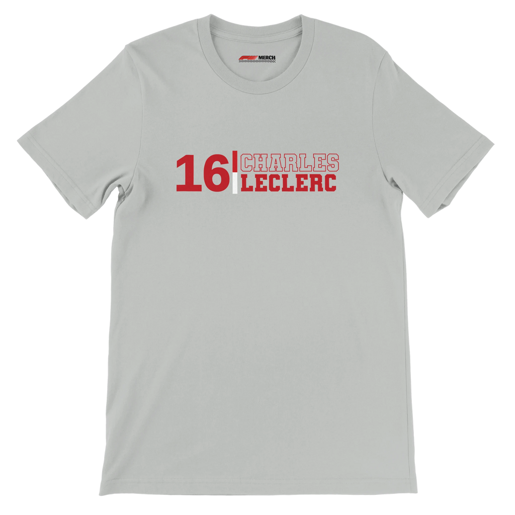 f111 merch silver color t-shirt1 with charles-leclerc branding.