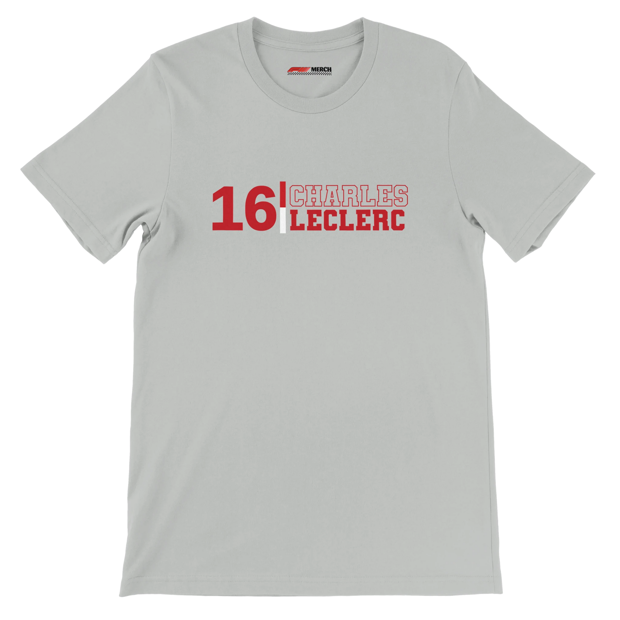 f111 merch silver color t-shirt1 with charles-leclerc branding.