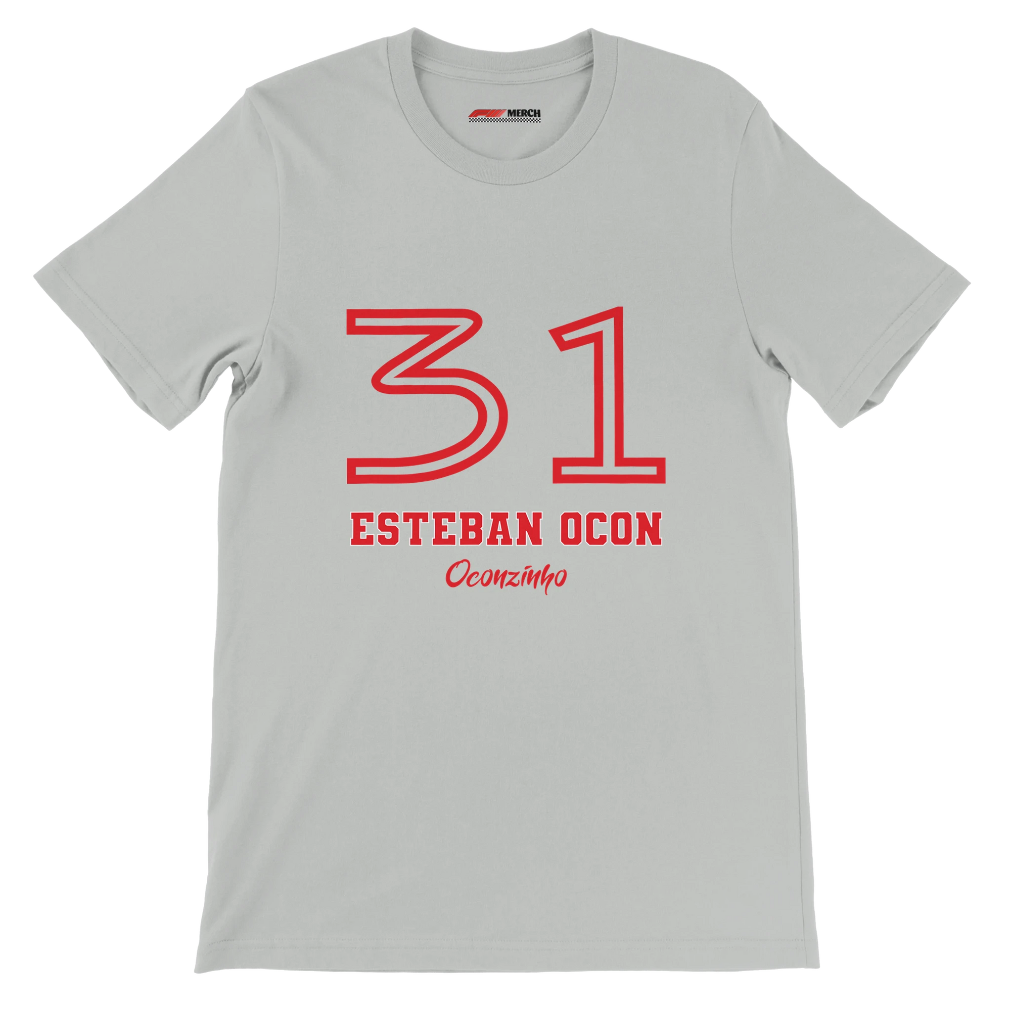 f111 merch silver color t-shirt1 with esteban-ocon branding.