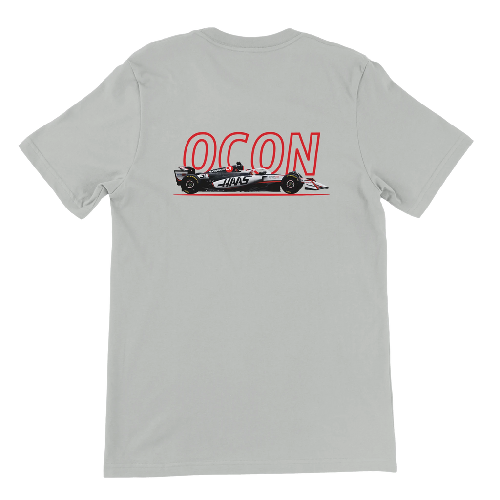 f111 merch silver color t-shirt1 with esteban-ocon branding.