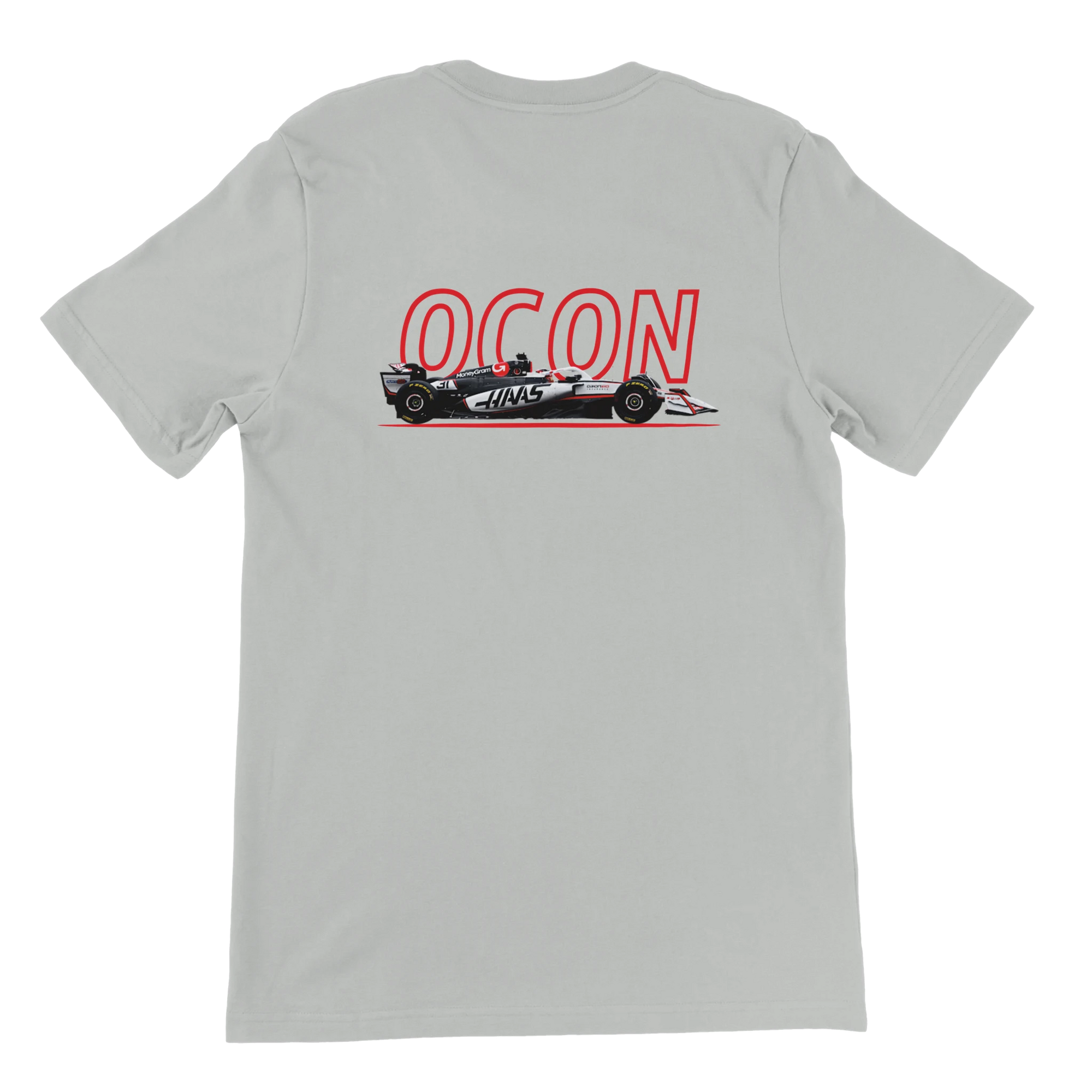 f111 merch silver color t-shirt1 with esteban-ocon branding.
