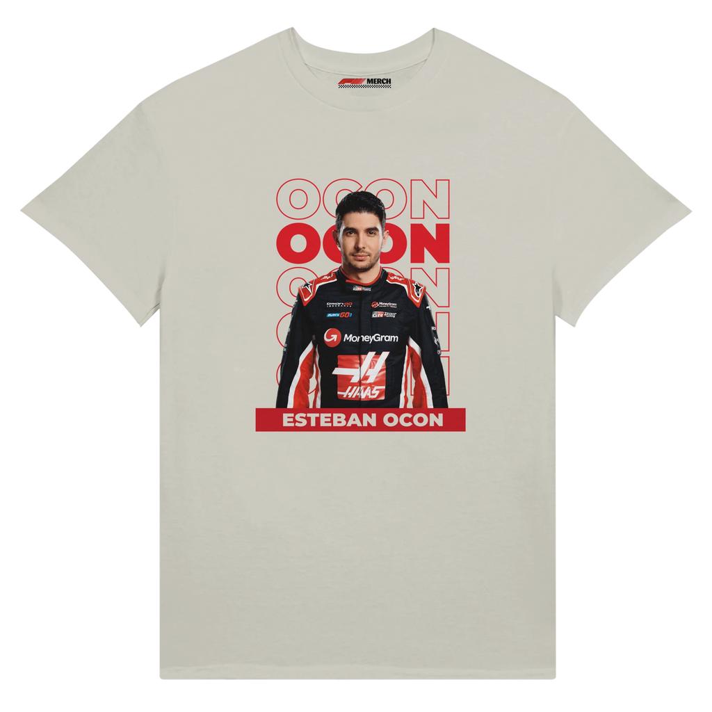 f111 merch silver color t-shirt1 with esteban-ocon branding.