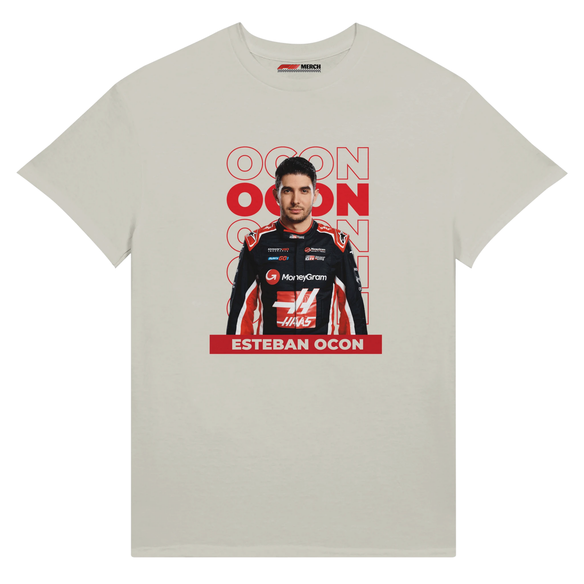 f111 merch silver color t-shirt1 with esteban-ocon branding.