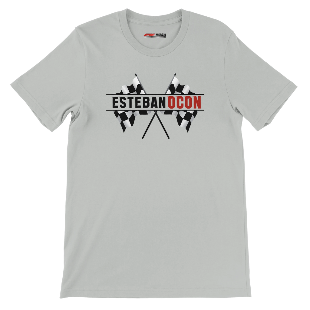 f111 merch silver color t-shirt1 with esteban-ocon branding.