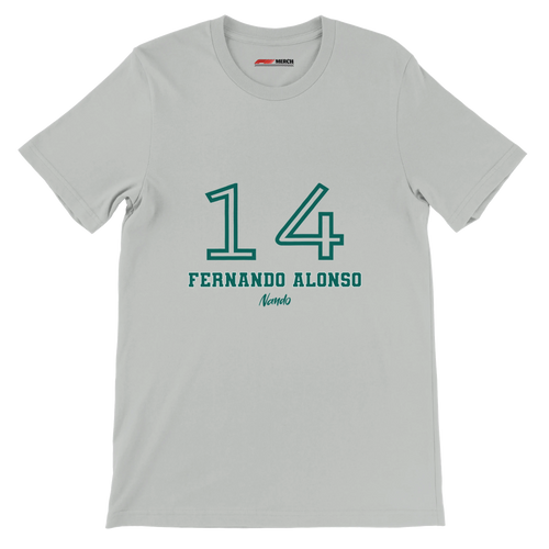 f111 merch silver color t-shirt1 with fernando-alonso branding.