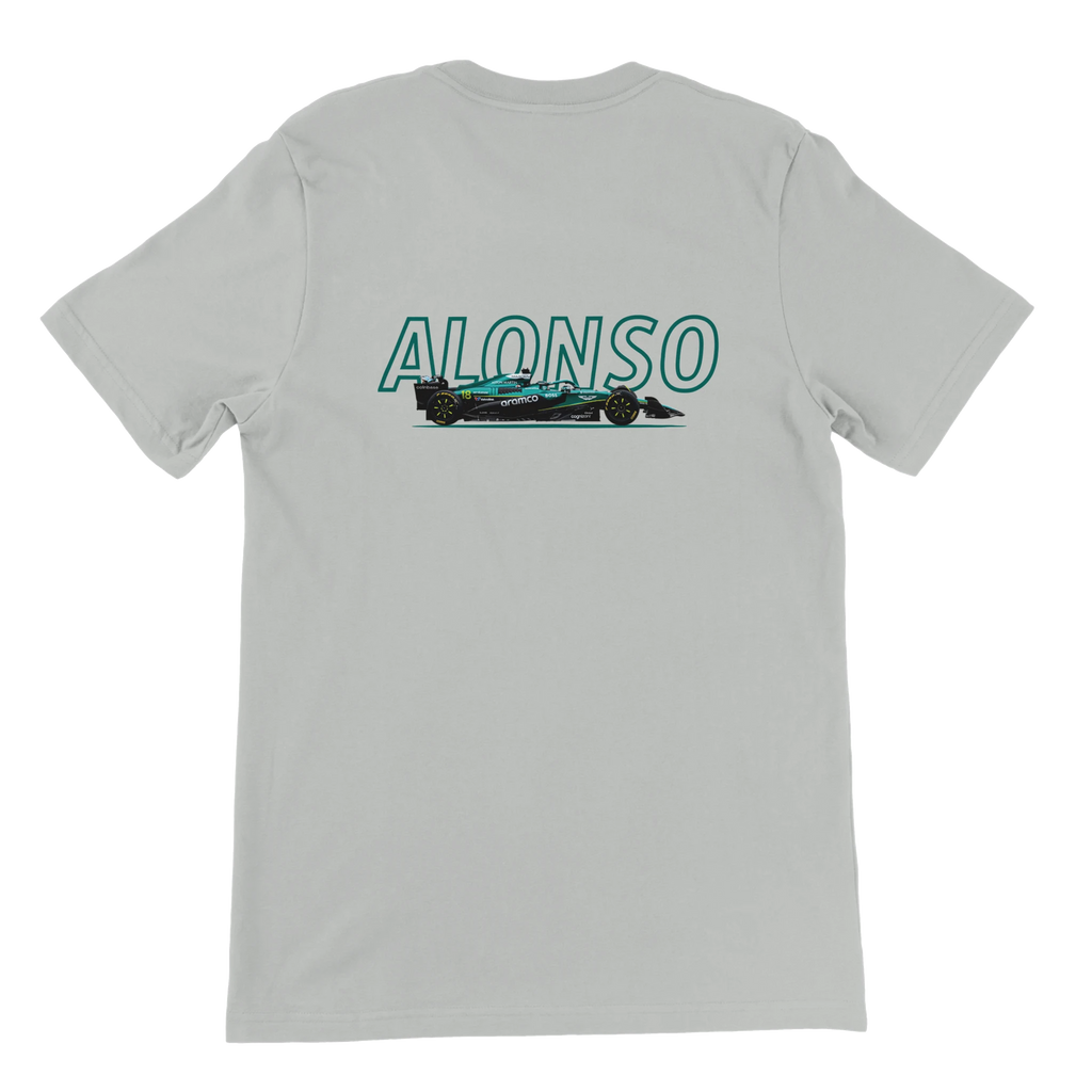f111 merch silver color t-shirt1 with fernando-alonso branding.