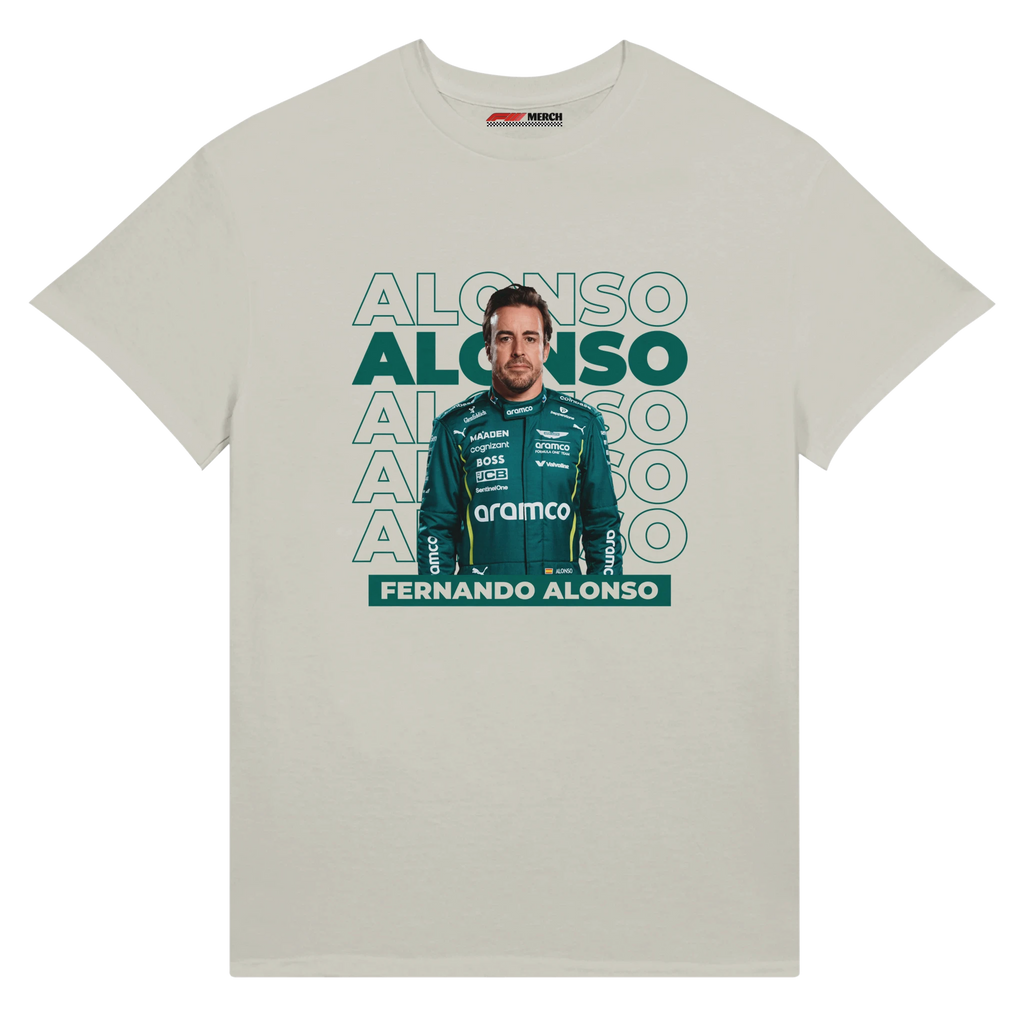 f111 merch silver color t-shirt1 with fernando-alonso branding.