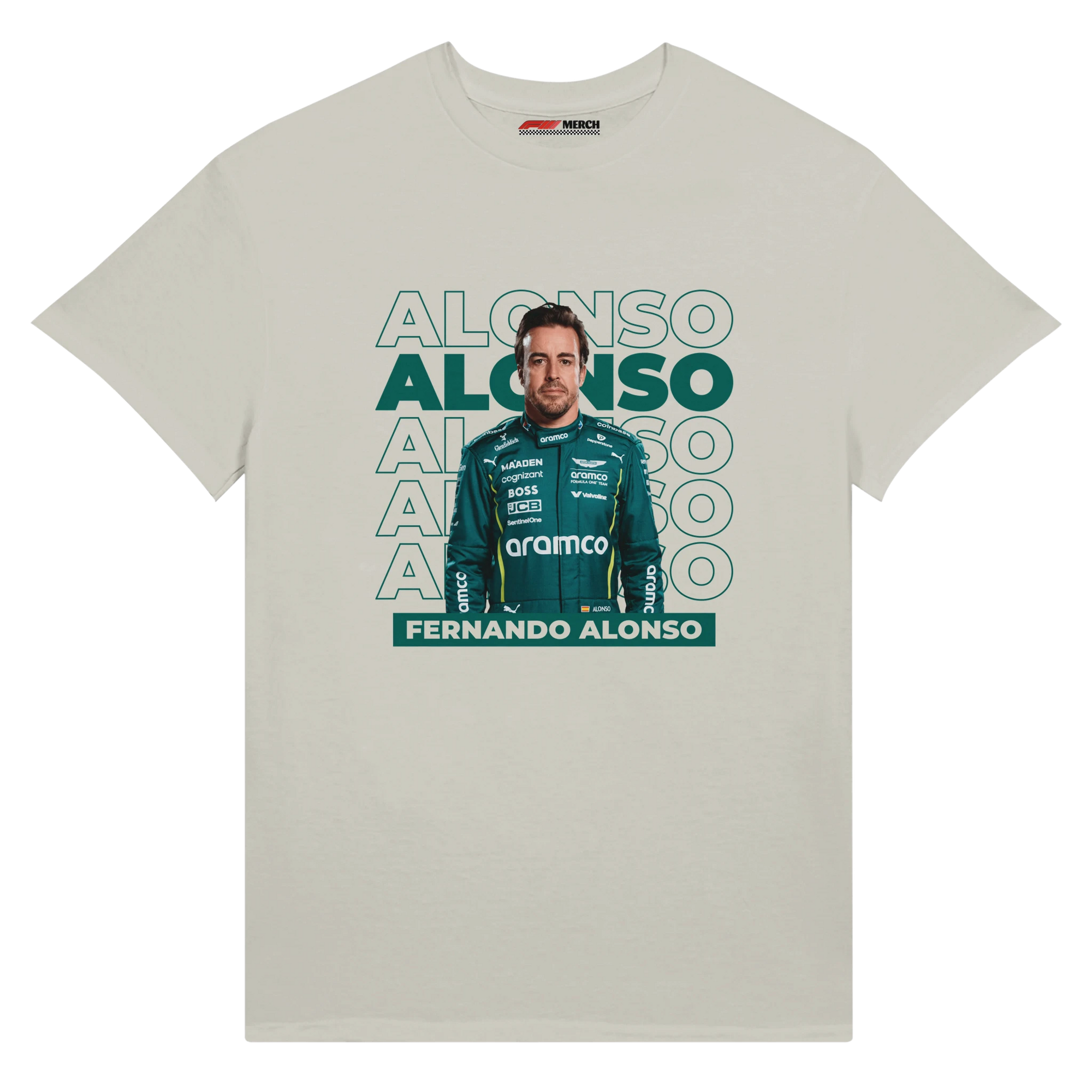 f111 merch silver color t-shirt1 with fernando-alonso branding.