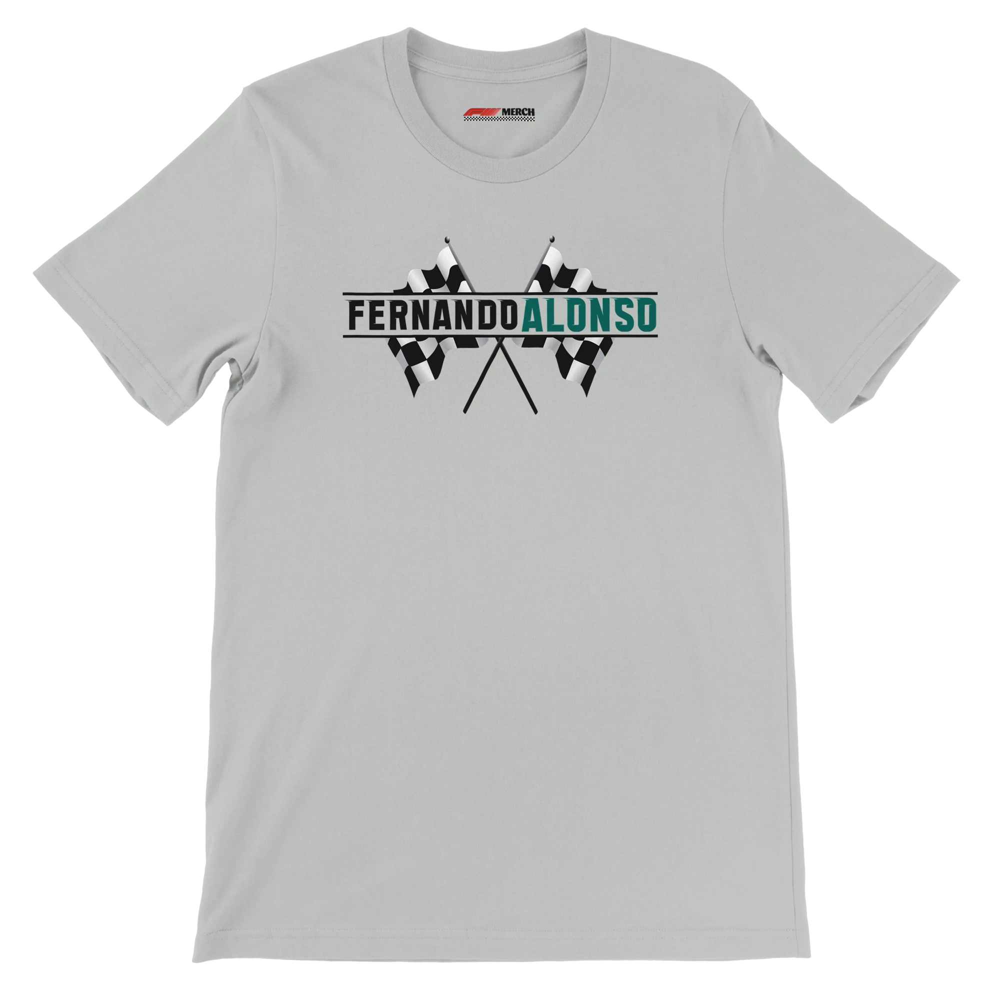 f111 merch silver color t-shirt1 with fernando-alonso branding.