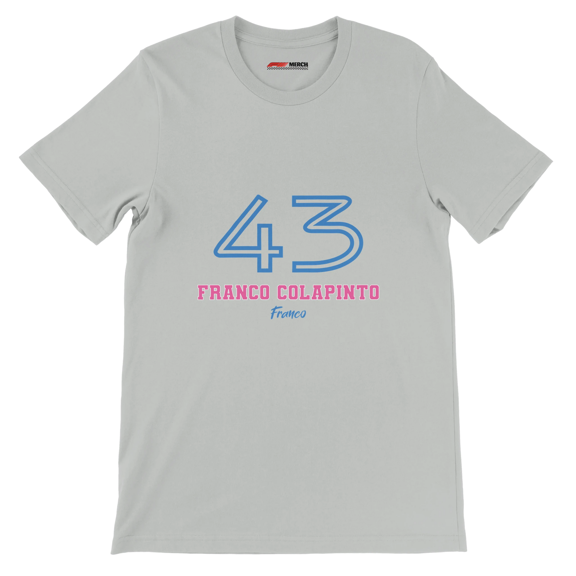 f111 merch silver color t-shirt1 with franco-colapinto branding.