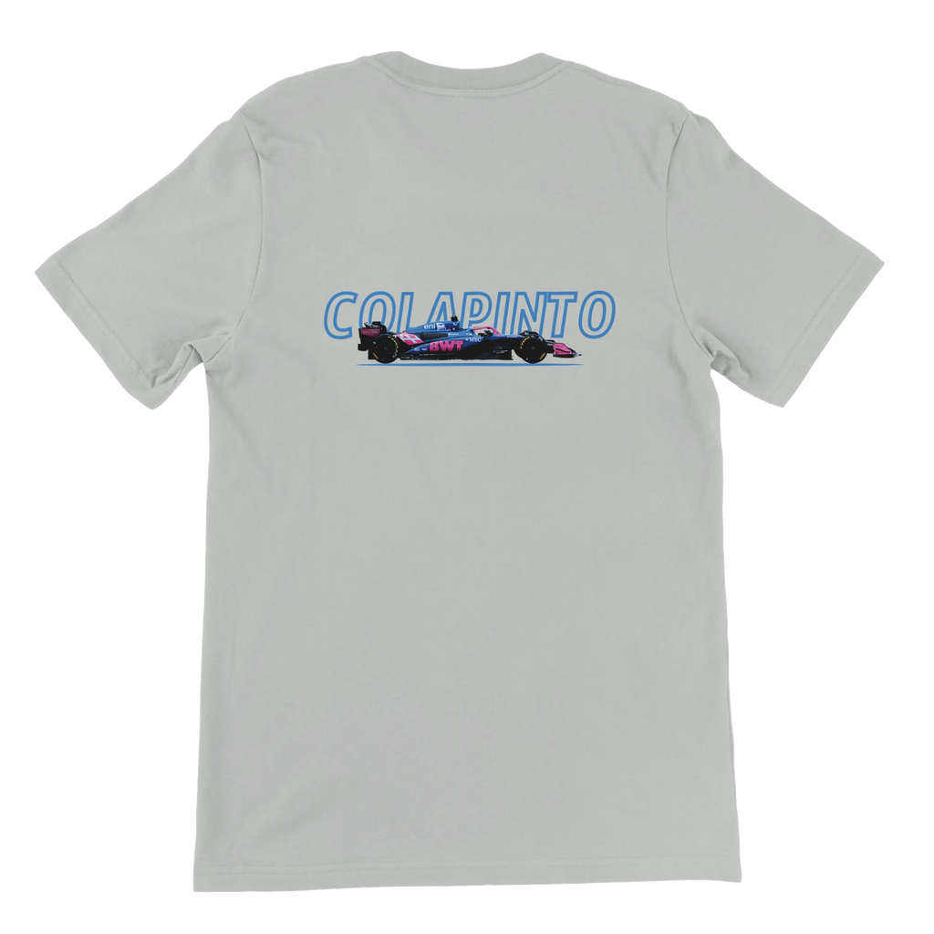 f111 merch silver color t-shirt1 with franco-colapinto branding.