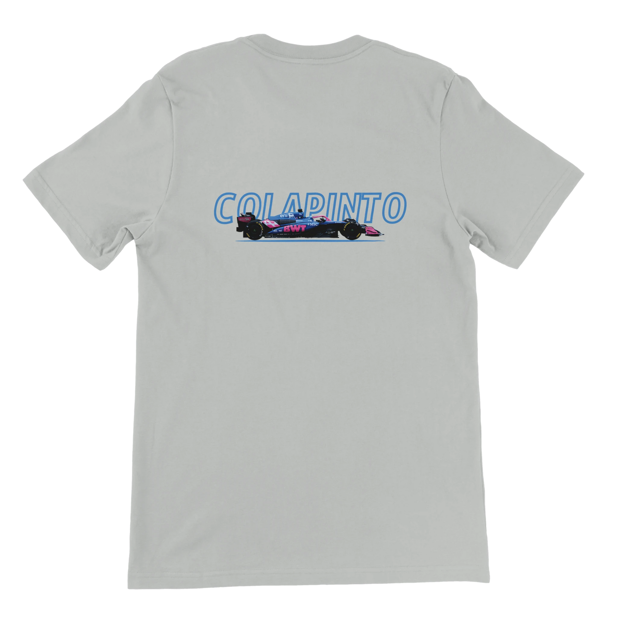 f111 merch silver color t-shirt1 with franco-colapinto branding.