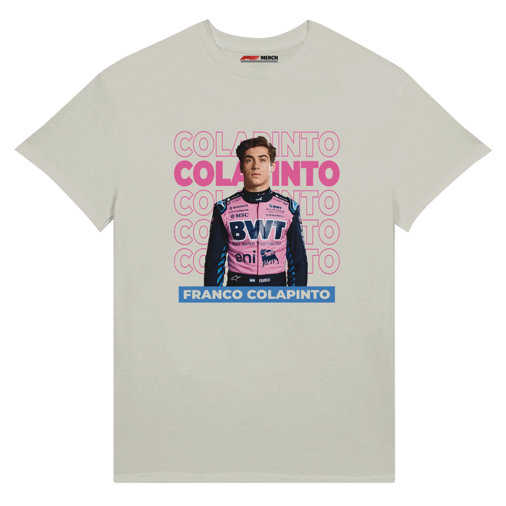 f111 merch silver color t-shirt1 with franco-colapinto branding.