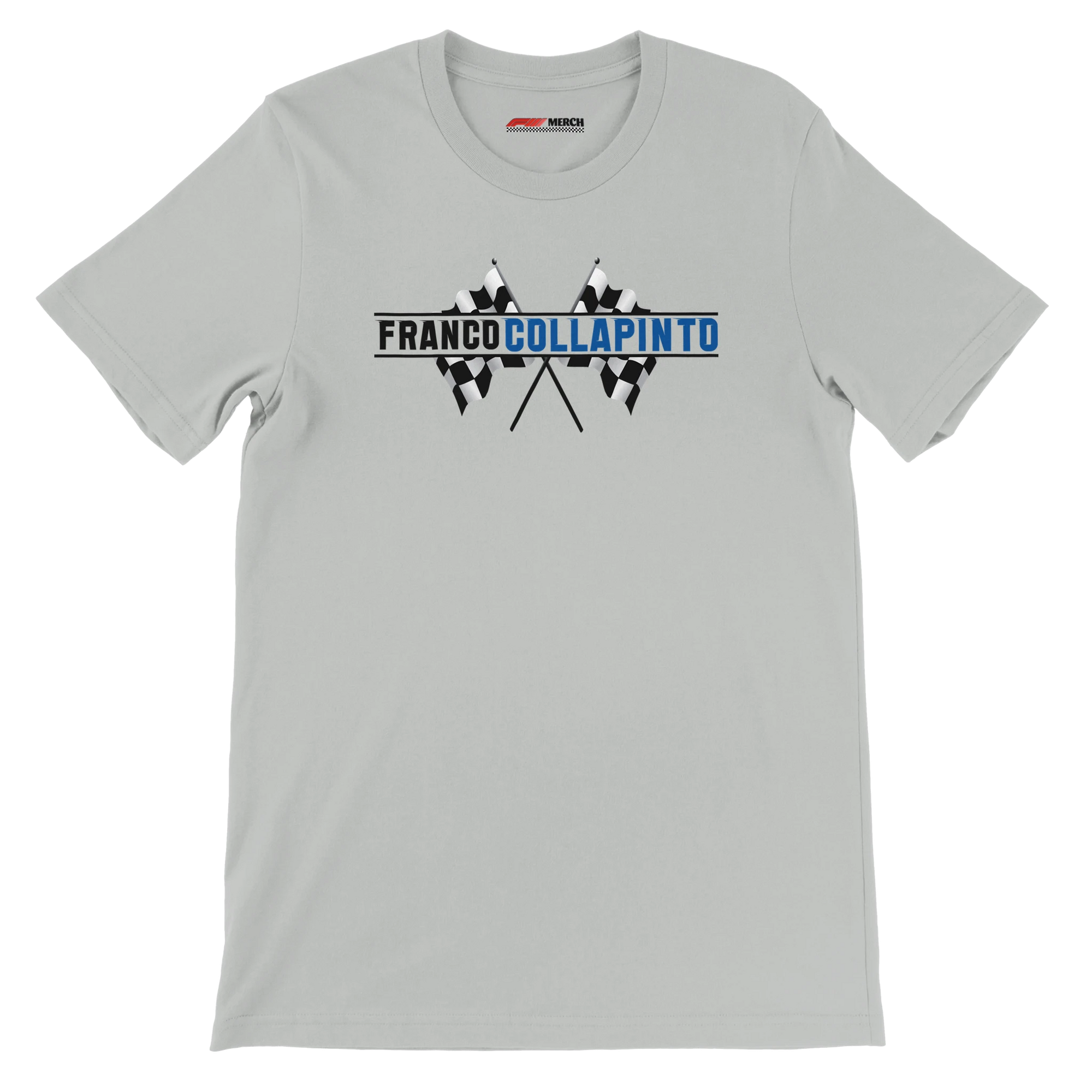f111 merch silver color t-shirt1 with franco-colapinto branding.