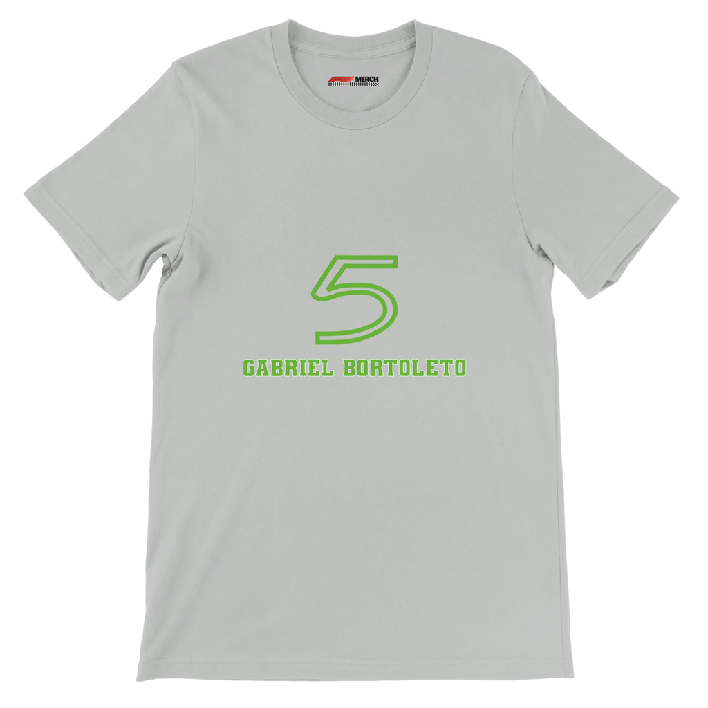 f111 merch silver color t-shirt1 with gabriel-bortoleto branding.