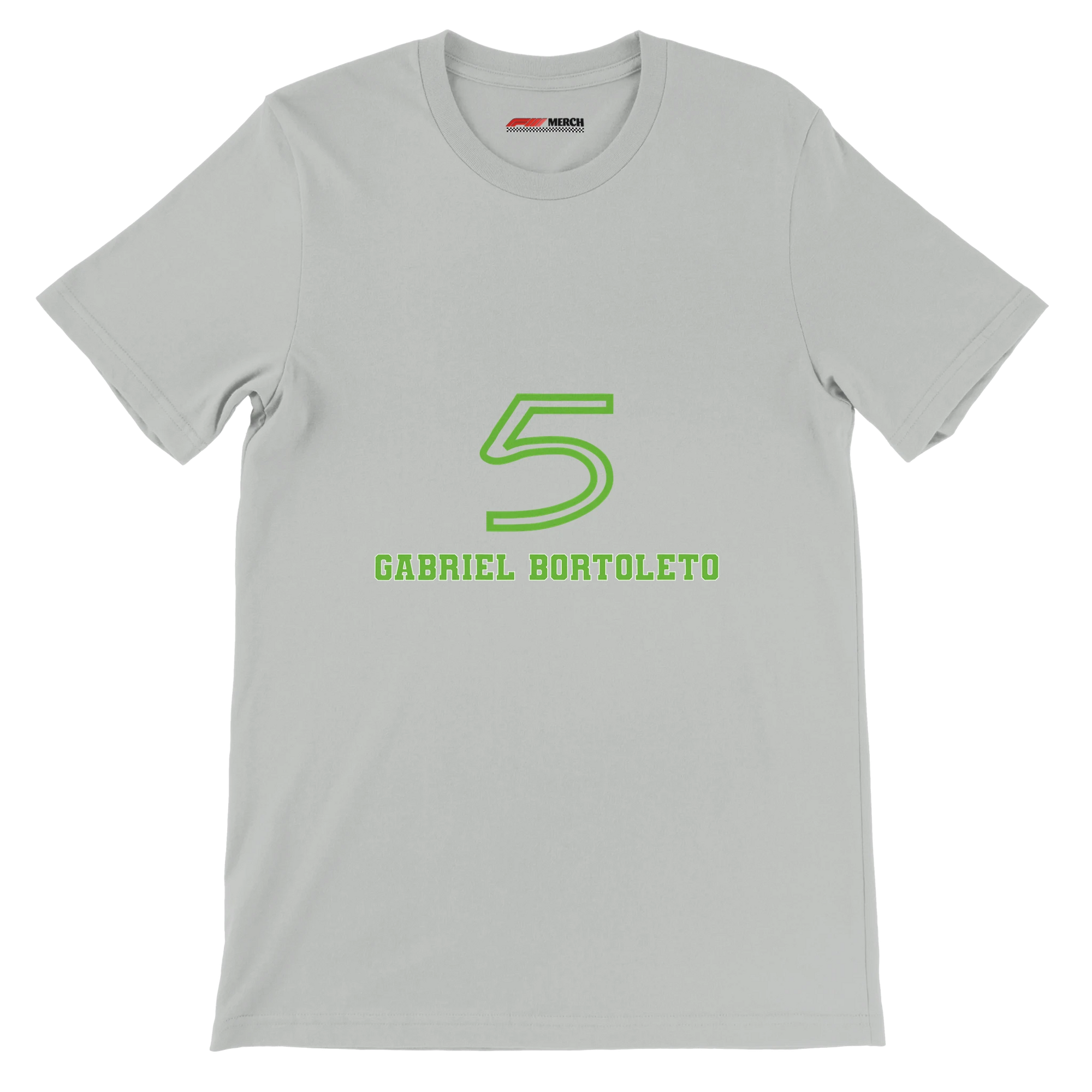 f111 merch silver color t-shirt1 with gabriel-bortoleto branding.