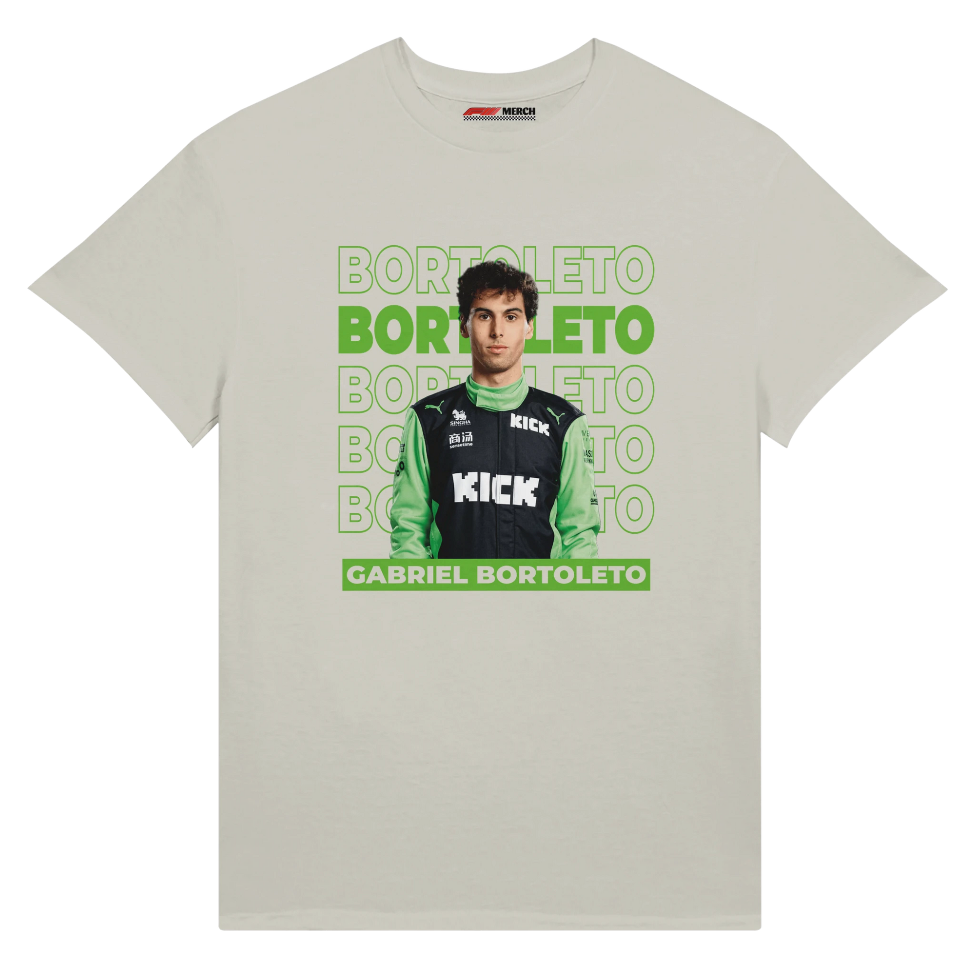 f111 merch silver color t-shirt1 with gabriel-bortoleto branding.