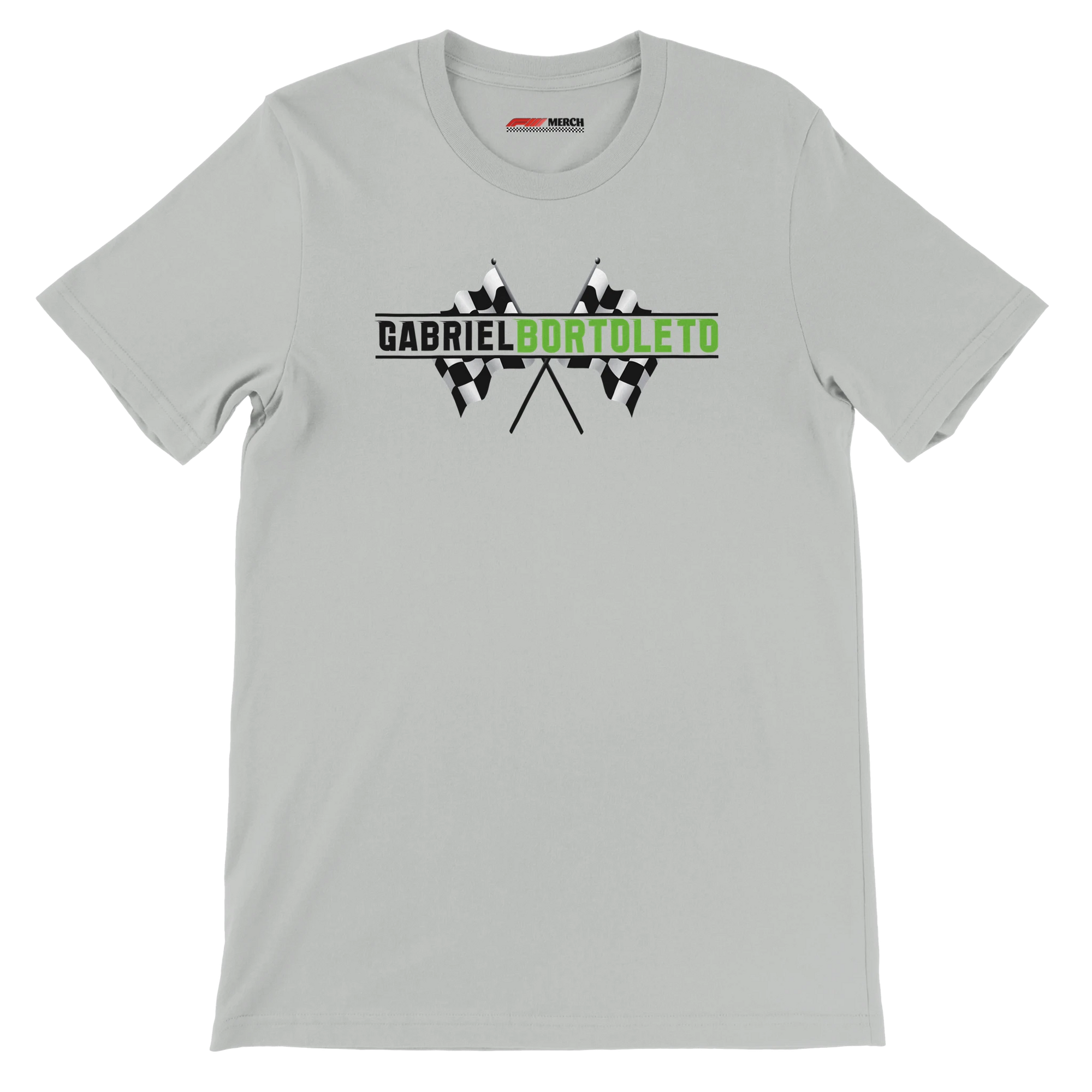 f111 merch silver color t-shirt1 with gabriel-bortoleto branding.