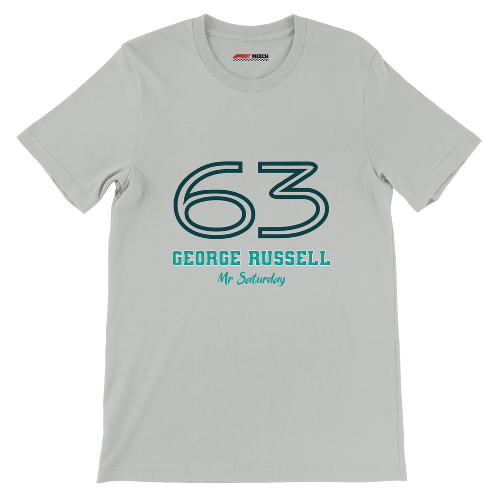 f111 merch silver color t-shirt1 with george-russell branding.
