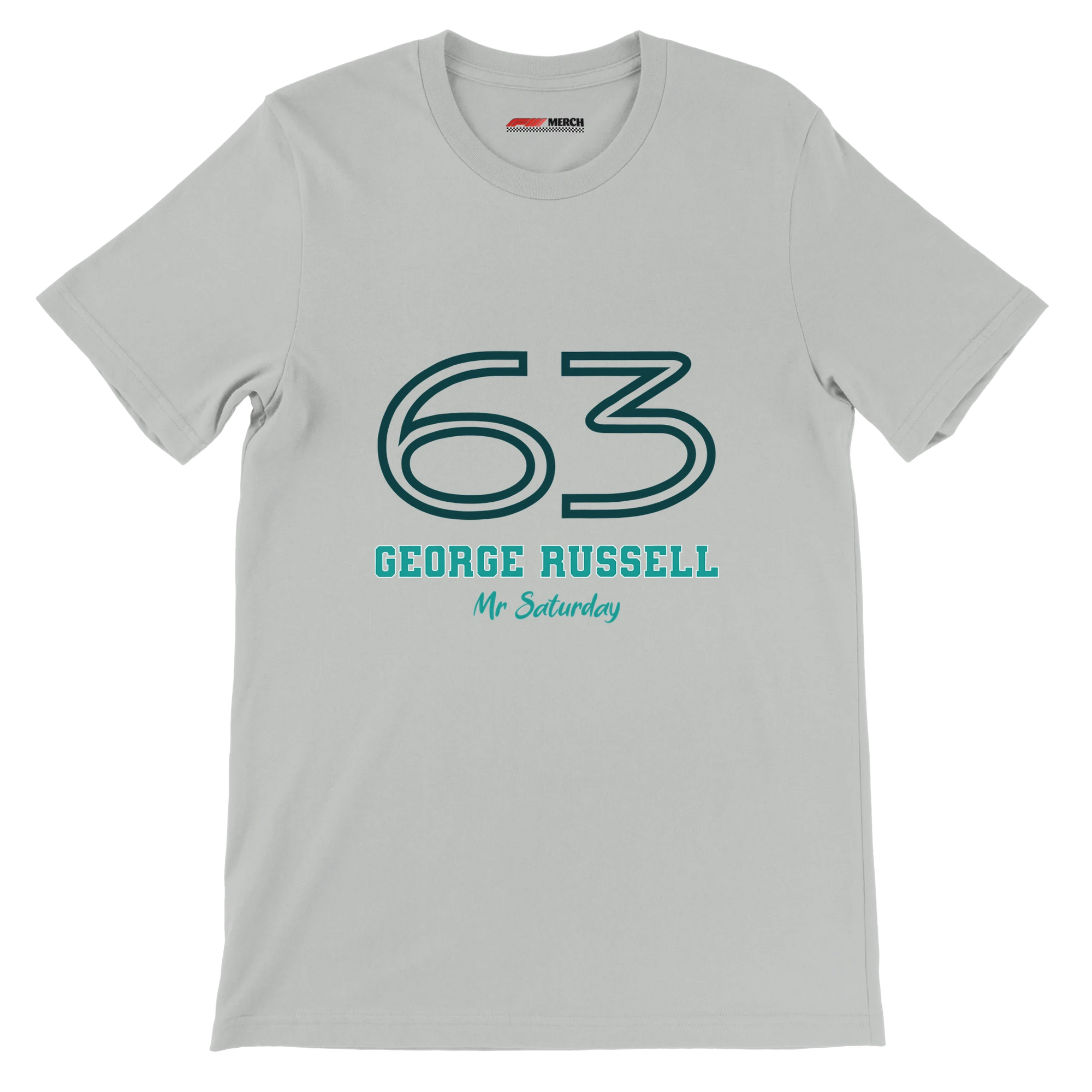 f111 merch silver color t-shirt1 with george-russell branding.