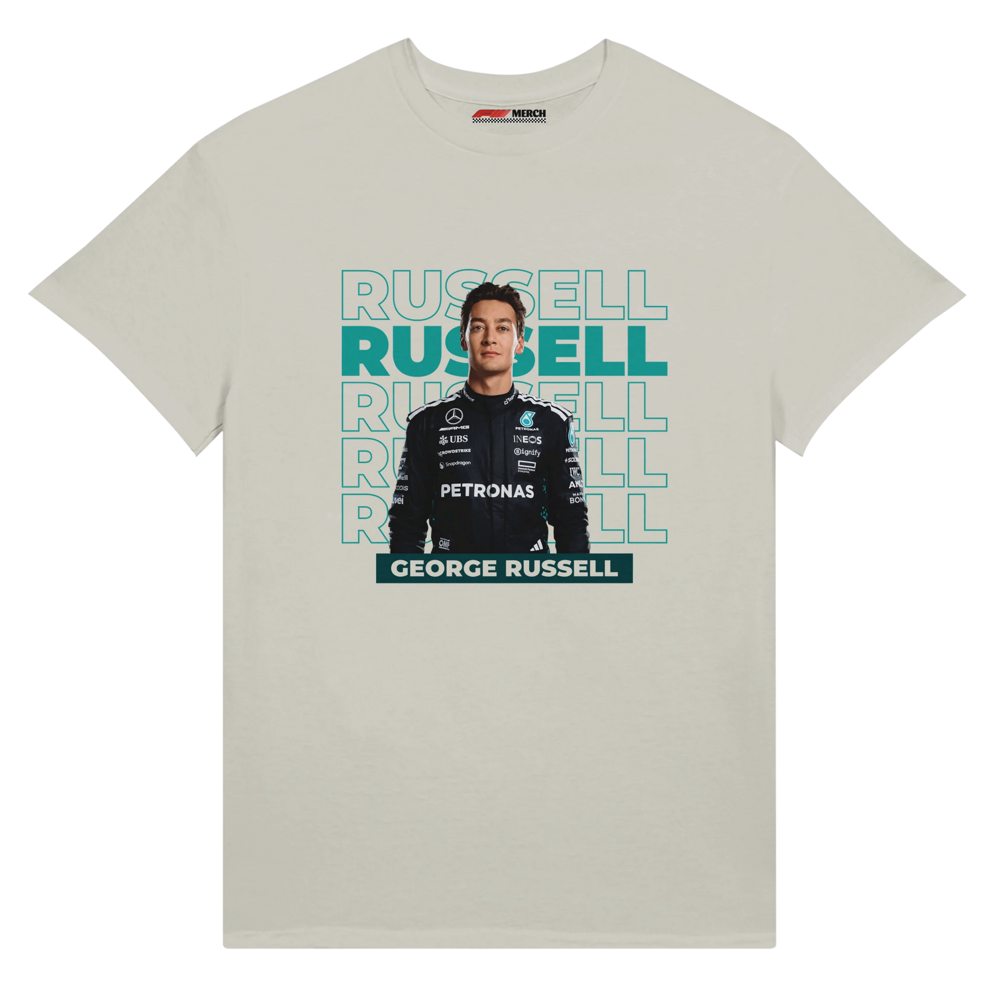 f111 merch silver color t-shirt1 with george-russell branding.