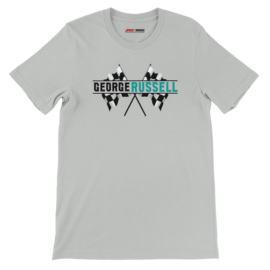 f111 merch silver color t-shirt1 with george-russell branding.